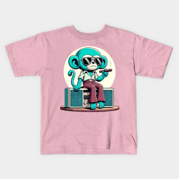 smoking 70s monkey and a vintage radio Kids T-Shirt by TimeWarpWildlife